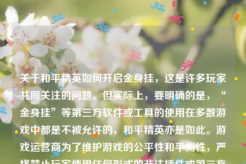 关于和平精英如何开启金身挂，这是许多玩家共同关注的问题。但实际上，要明确的是，“金身挂”等第三方软件或工具的使用在多数游戏中都是不被允许的，和平精英亦是如此。游戏运营商为了维护游戏的公平性和平衡性，严格禁止玩家使用任何形式的非法插件或第三方软件。因此，我无法提供关于如何真正开启金身挂的具体方法。_和平精英怎么样才可以开金身挂